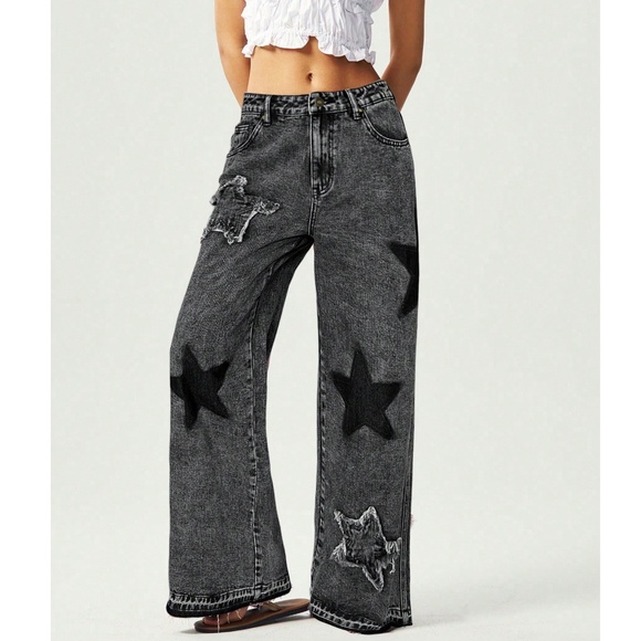 Western Star Print Patch Straight Leg Denim Jean Pants - Picture 2 of 8